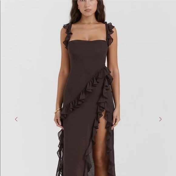 House of CB Aerial Ruffle Brown Cowl Neckline High Slit Sexy Prom Dress Size M - Picture 1 of 12